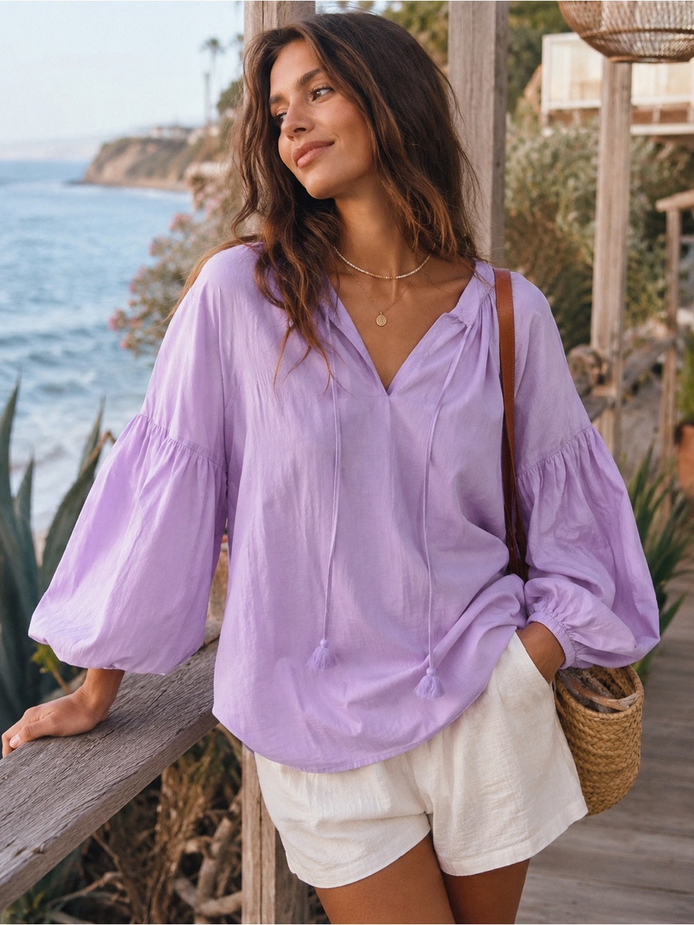 Tommy Bahama Cotton Silk Lavender Boho Balloon Sleeve Peasant Blouse L, Coastal